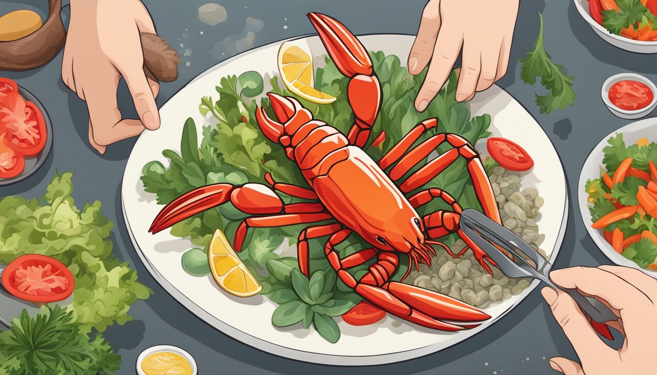 A person carefully removes the shells from boiled crayfish, arranging the succulent meat on a plate alongside fresh vegetables and a colorful salad