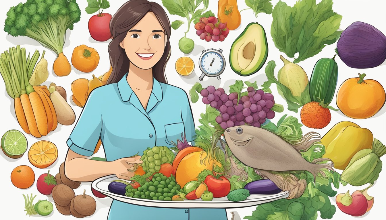 A dietician holds a plate of cuttlefish, surrounded by a variety of colorful fruits and vegetables. A diagram of the digestive system and a blood sugar monitor are visible in the background