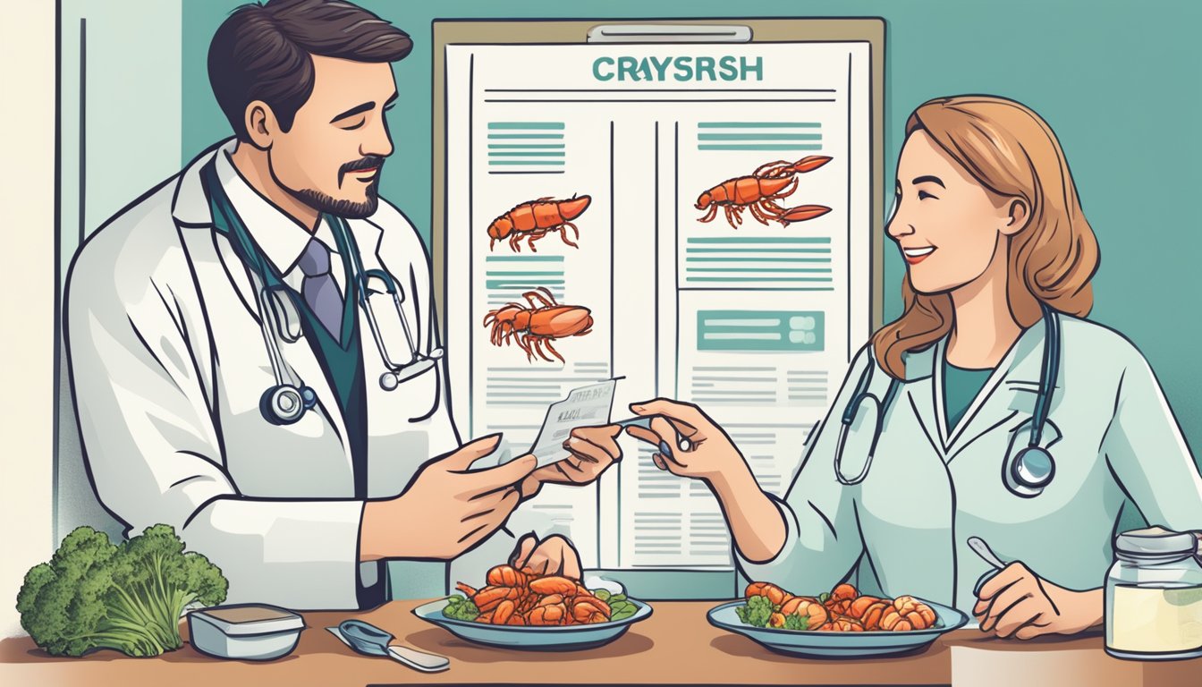 A doctor discussing dietary options with a diabetic patient, pointing to a chart showing foods like crayfish