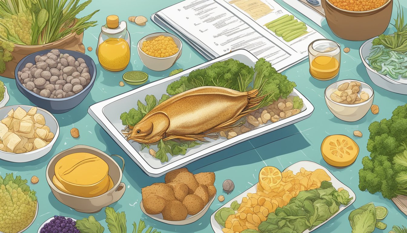 A cuttlefish surrounded by various nutrient-rich foods, with a diabetic person looking at a nutritional chart