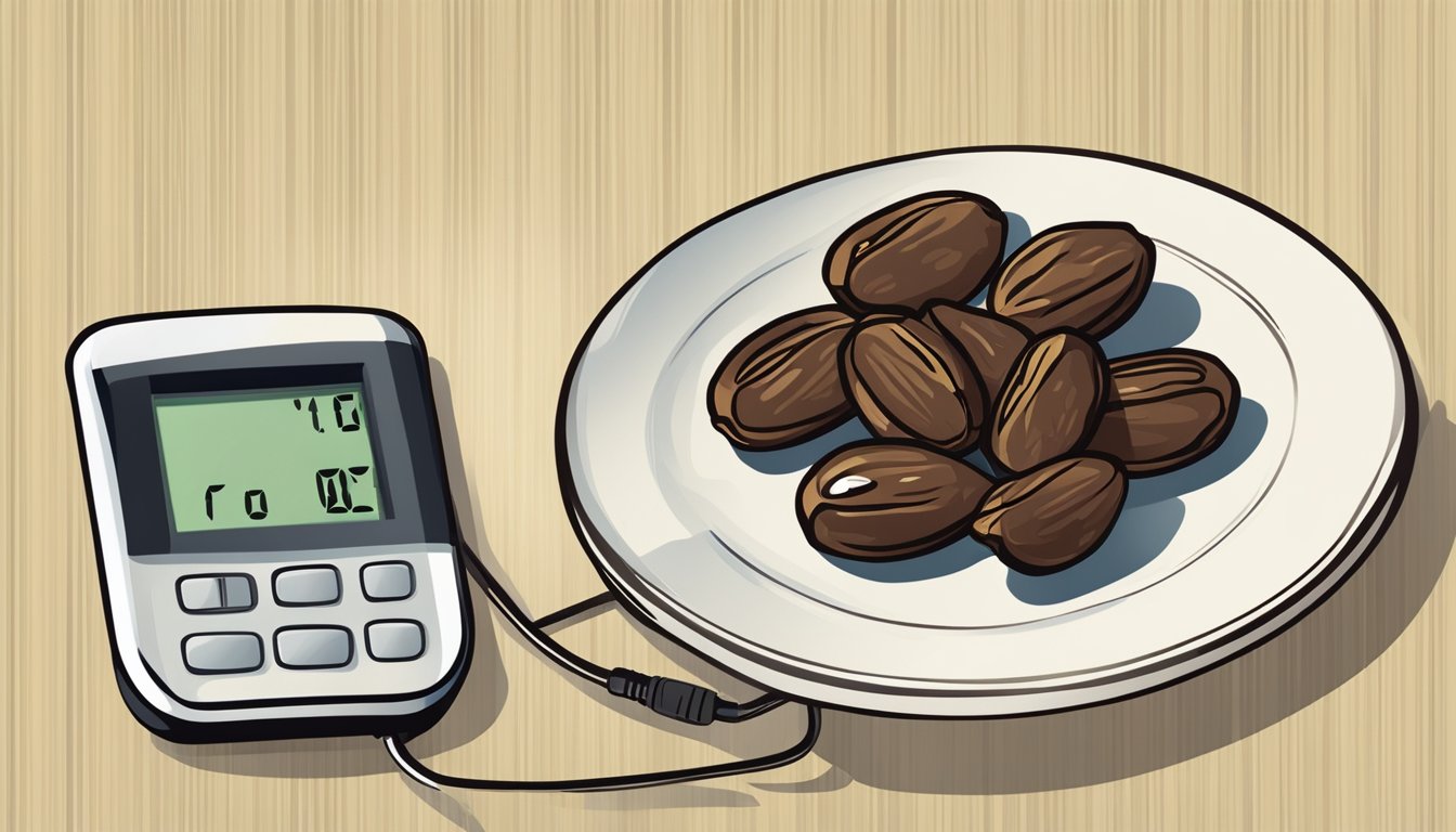 A plate of dates next to a blood glucose monitor, with a "yes" checkmark