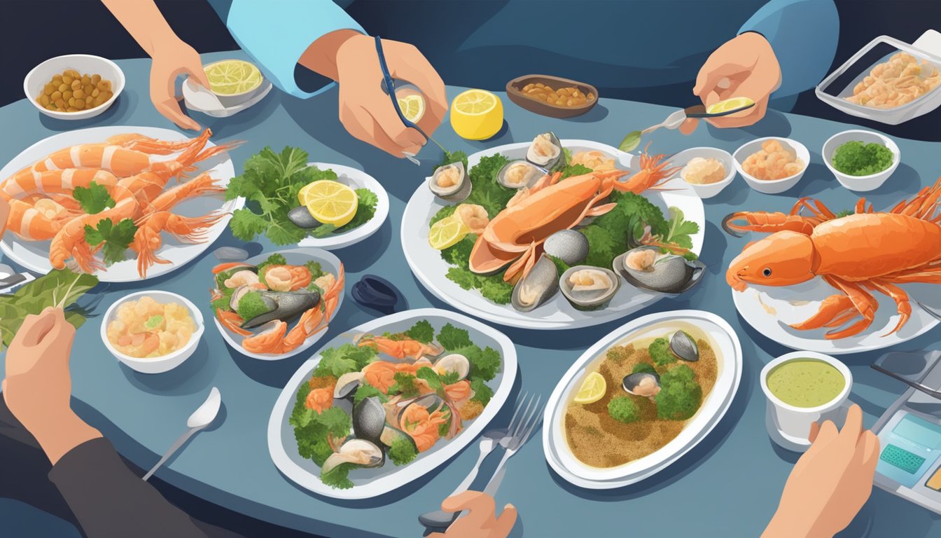 A table with a variety of seafood including cuttlefish, and a person with a diabetes monitor checking the nutritional information