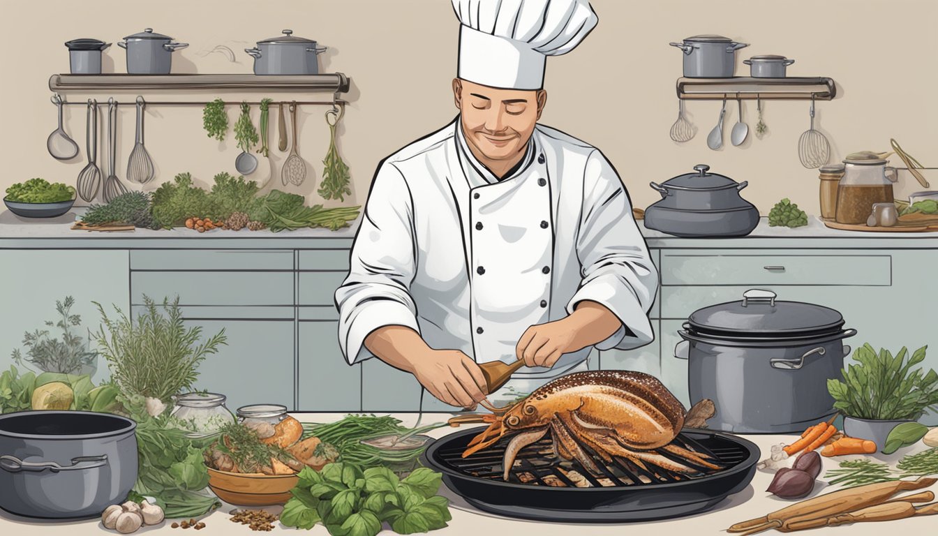 A chef grills cuttlefish over an open flame, surrounded by various herbs and spices. A pot of boiling water sits nearby for blanching