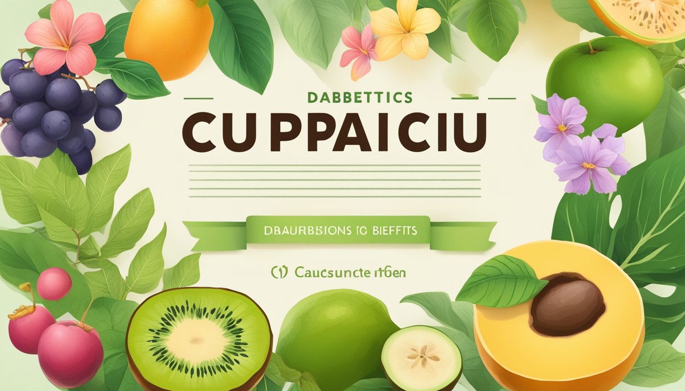 A colorful cupuaçu fruit surrounded by leaves and flowers, with a banner listing its nutritional benefits and cautions for diabetics