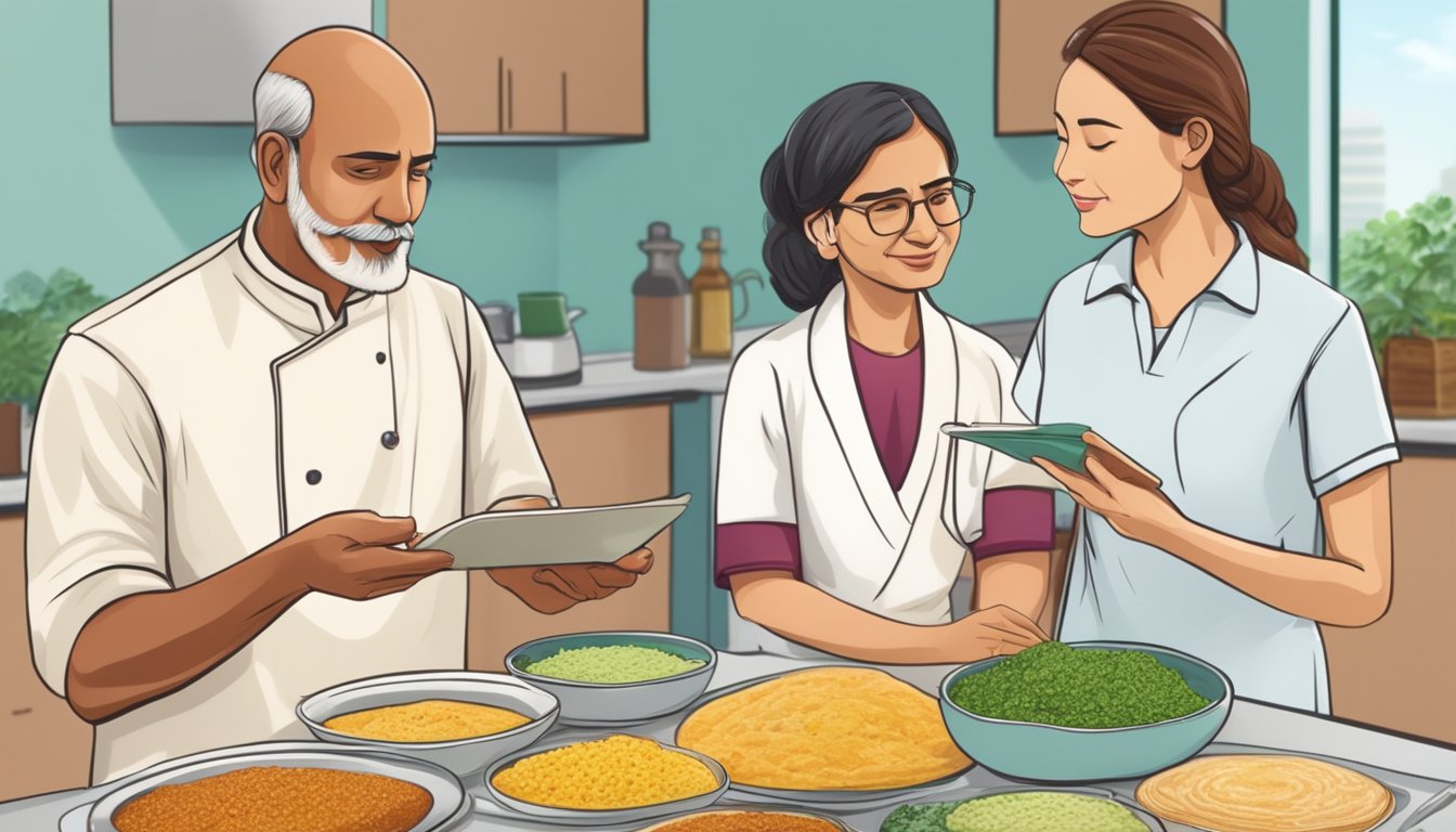 A dietician explaining dosai ingredients to a diabetic patient, with a table of healthy food options in the background