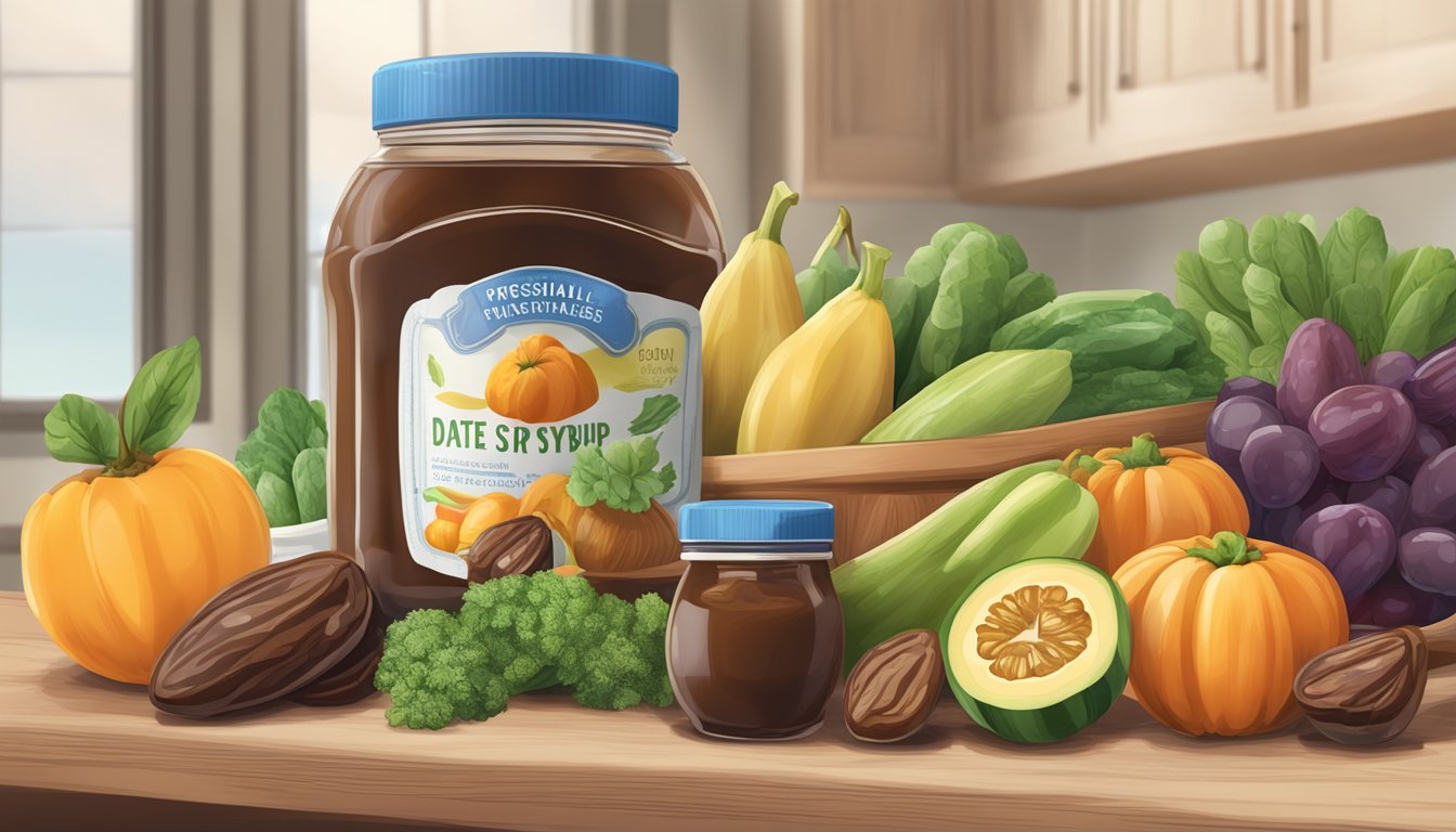 A jar of date syrup surrounded by various fruits and vegetables, with a nutritional label displayed next to it