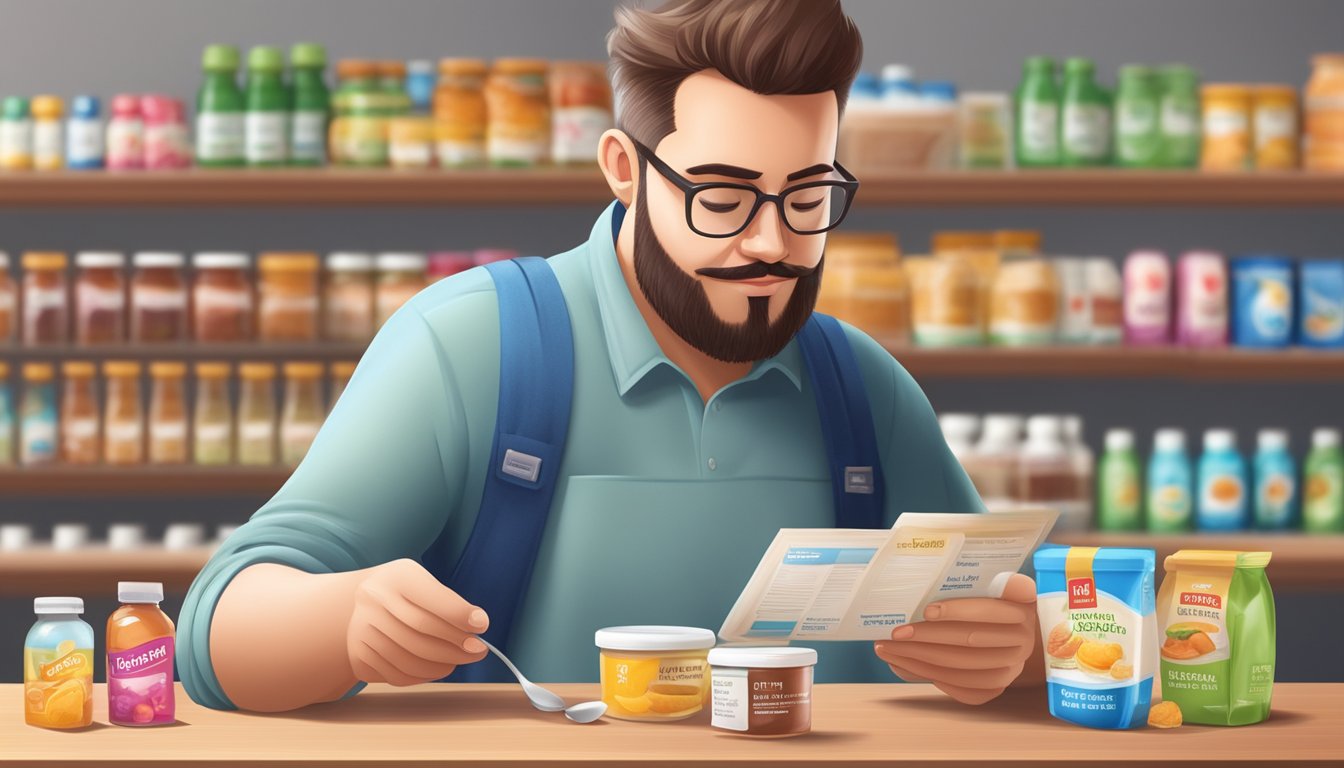 A diabetic person reading a food label with a variety of sweeteners, including cyclamate, displayed on the table