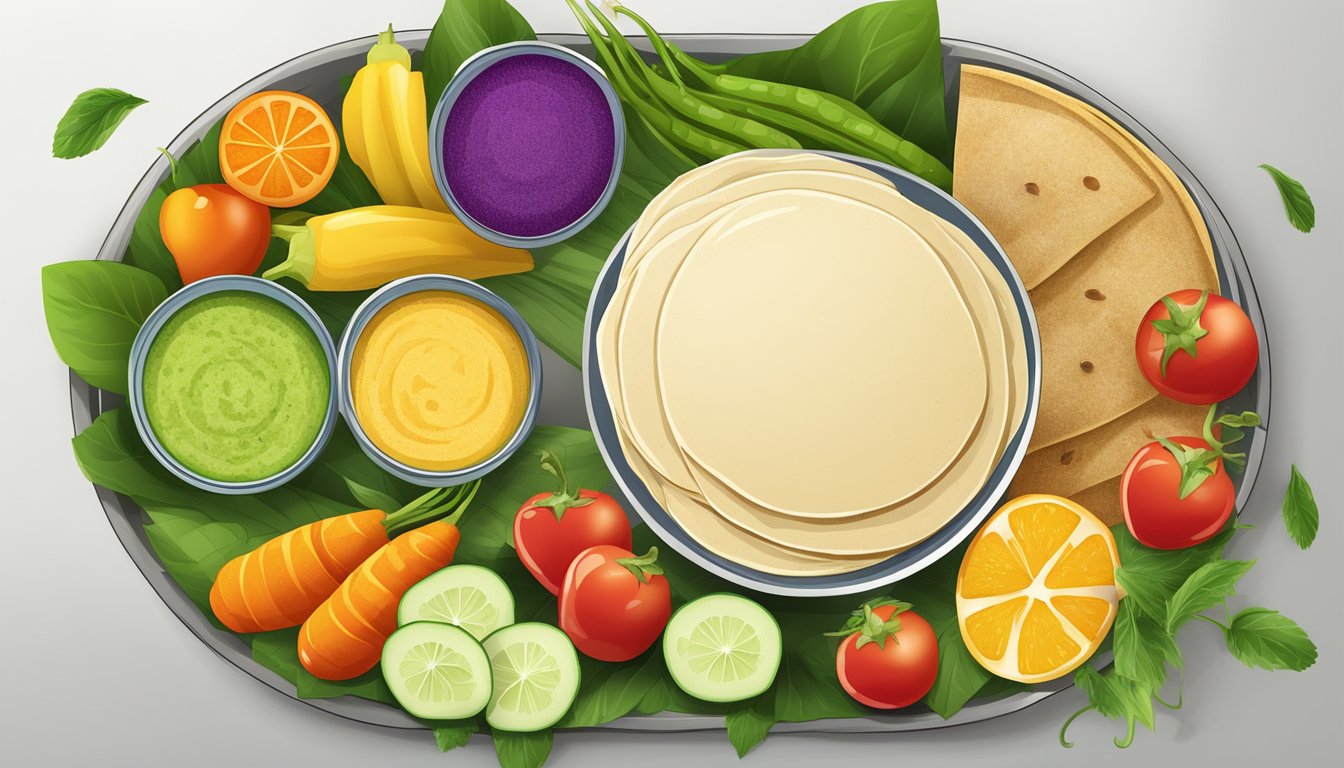 A colorful array of fresh vegetables and fruits arranged next to a plate of dosai, showcasing the variety of accompaniments that can enhance both taste and nutrition