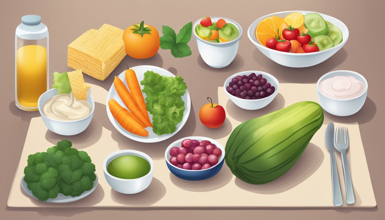 A table set with various food items, including a bowl of cyclamate sweetener and a plate of diabetic-friendly fruits and vegetables