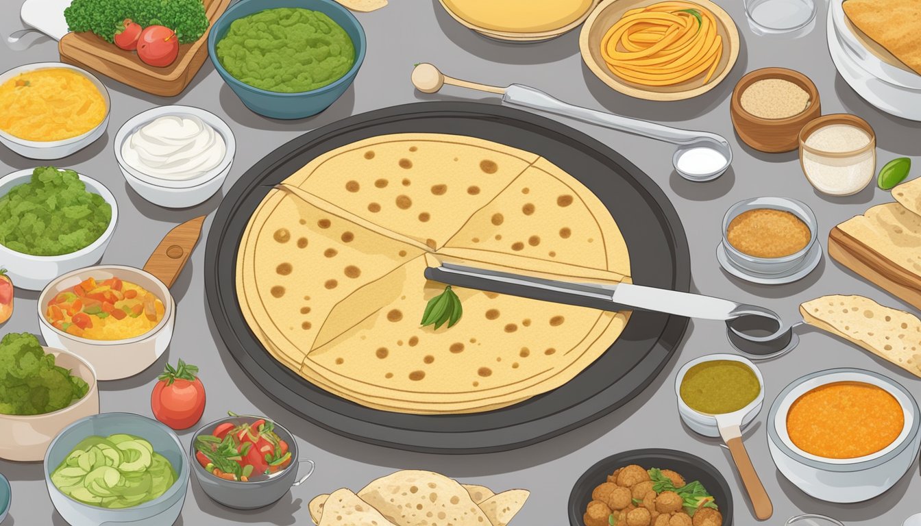 A diabetic measuring out a portion of dosai with a measuring cup, surrounded by various healthy food options