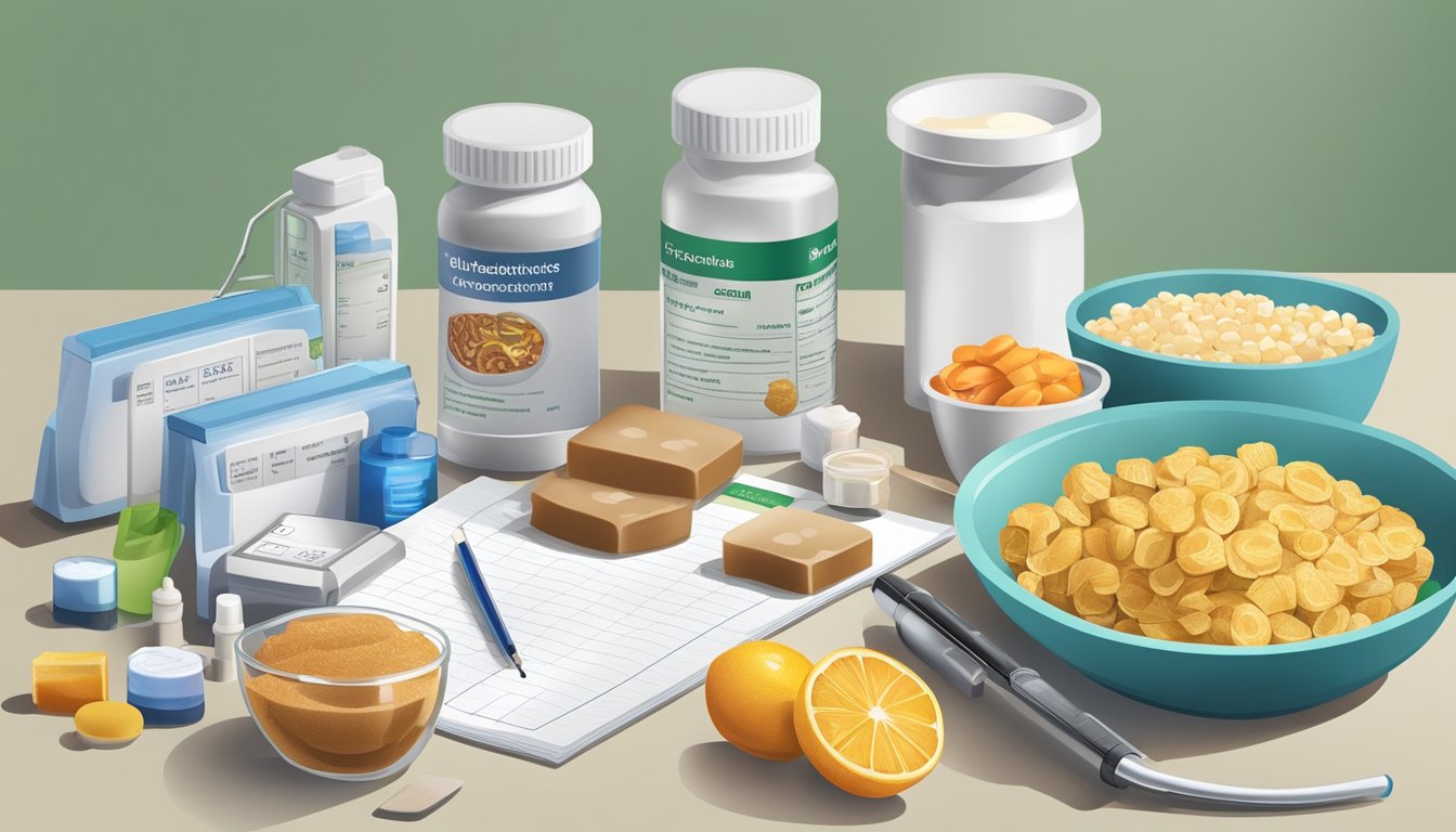 A table with various foods, including cyclamate-sweetened products, next to a diabetic testing kit and a doctor's prescription pad