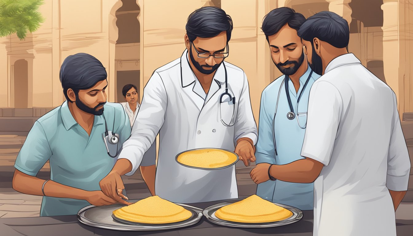 A group of healthcare professionals discussing and examining a traditional Indian dosai, with one person pointing to the dosai while others listen attentively