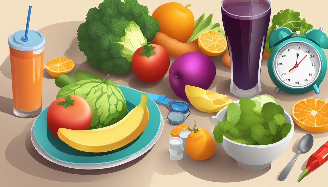 A colorful plate of fruits and vegetables with a cyclamate-sweetened beverage, surrounded by a measuring tape and a blood glucose monitor