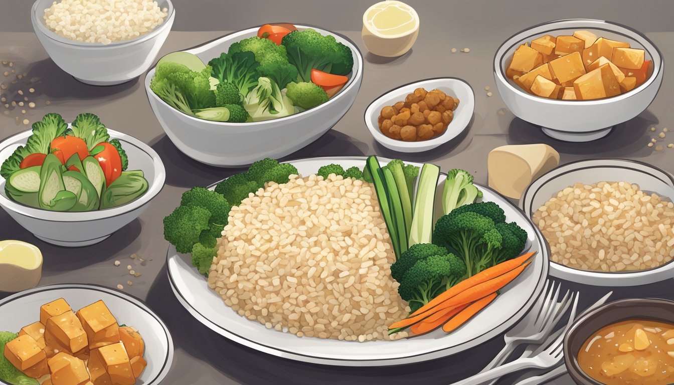 A plate of douchi tofu stir-fry surrounded by a variety of diabetic-friendly vegetables and a portion of brown rice