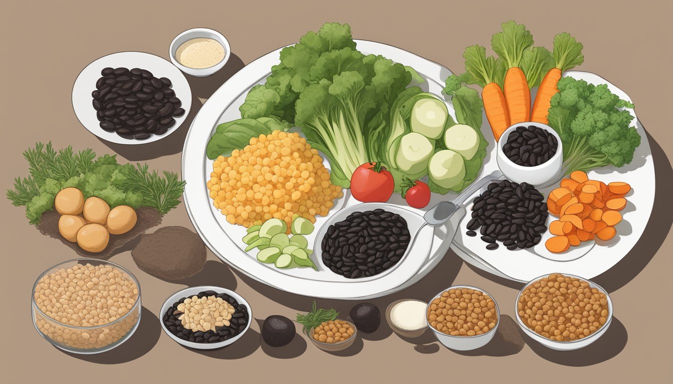 A plate of douchi (fermented black beans) alongside diabetic-friendly foods like vegetables, lean protein, and whole grains