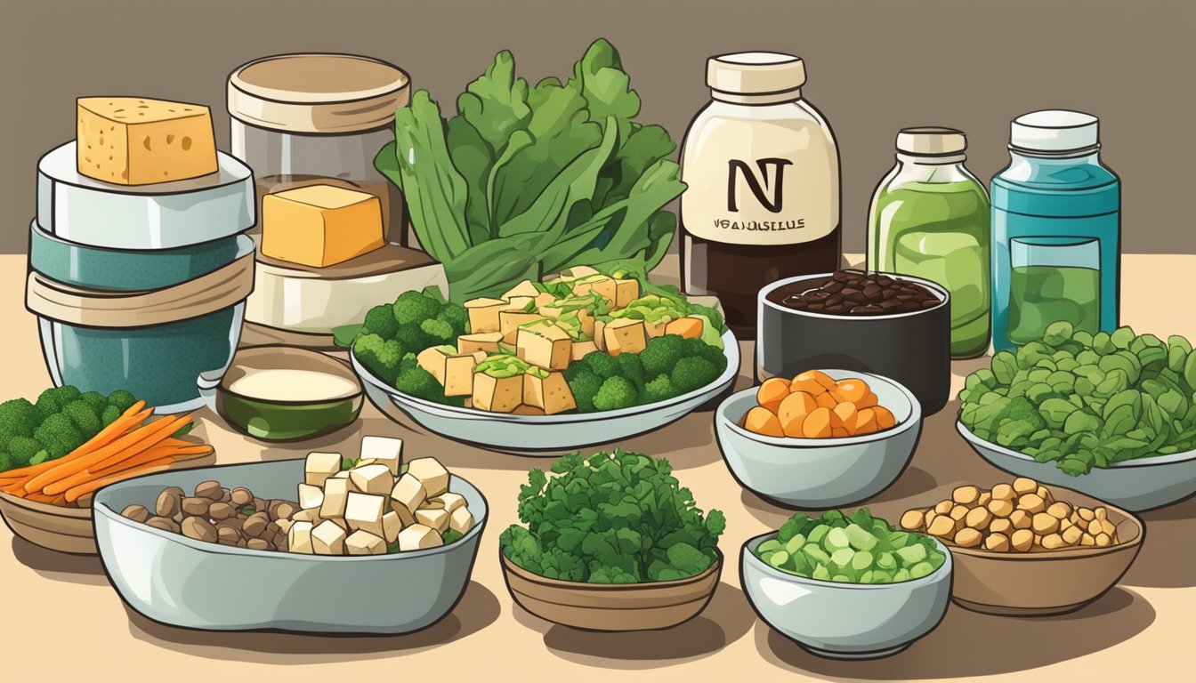 A table with a variety of diabetic-friendly foods, including tofu, green vegetables, and soy sauce, with a "no" symbol over a jar of douchi