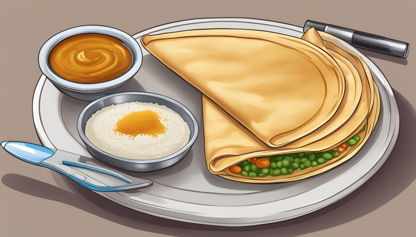 A plate with a single dosa and a measured portion of sambar and chutney, alongside a blood glucose monitor and insulin pen