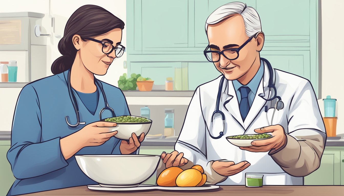 A diabetic person holding a bowl of douchi, with a doctor and nutritionist discussing its suitability for diabetics