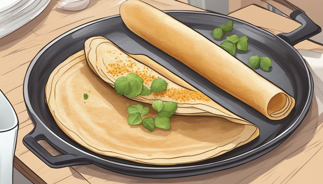 A diabetic-friendly dosa being prepared with alternative flours and low-sugar ingredients, cooked on a non-stick griddle