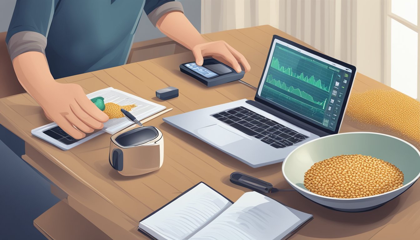 A diabetic person researching einkorn on a laptop with a bowl of einkorn grains and a blood sugar monitor on the table