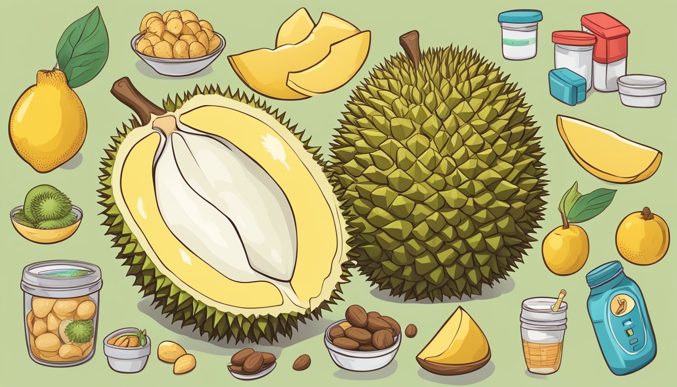 A durian fruit surrounded by various diabetic-friendly foods, with a nutrition label and a person with a question mark above their head