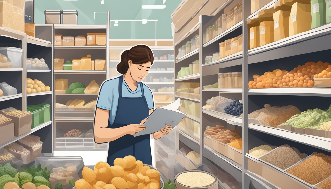 A diabetic person reading a nutrition label on a package of einkorn flour, surrounded by various healthy food options