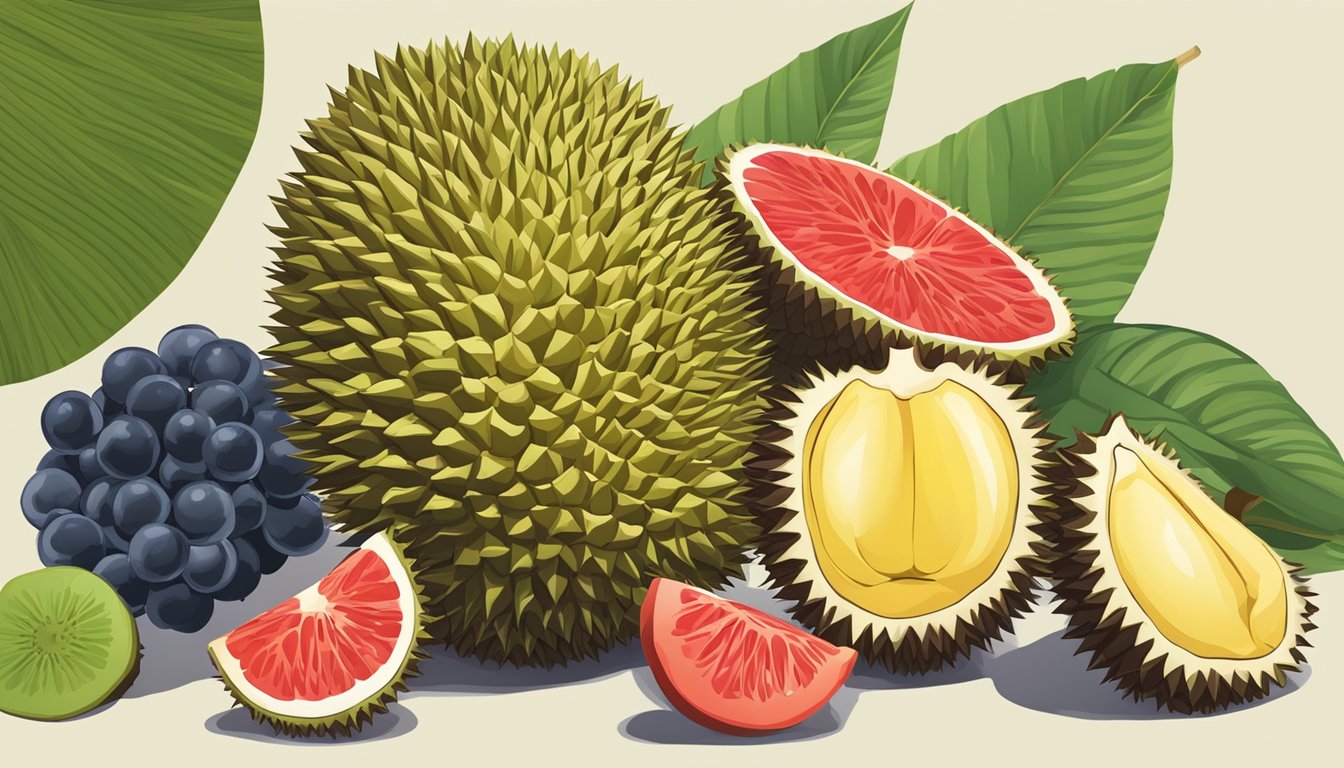 A durian surrounded by various fruits, with a red forbidden symbol over some, and a green checkmark over others