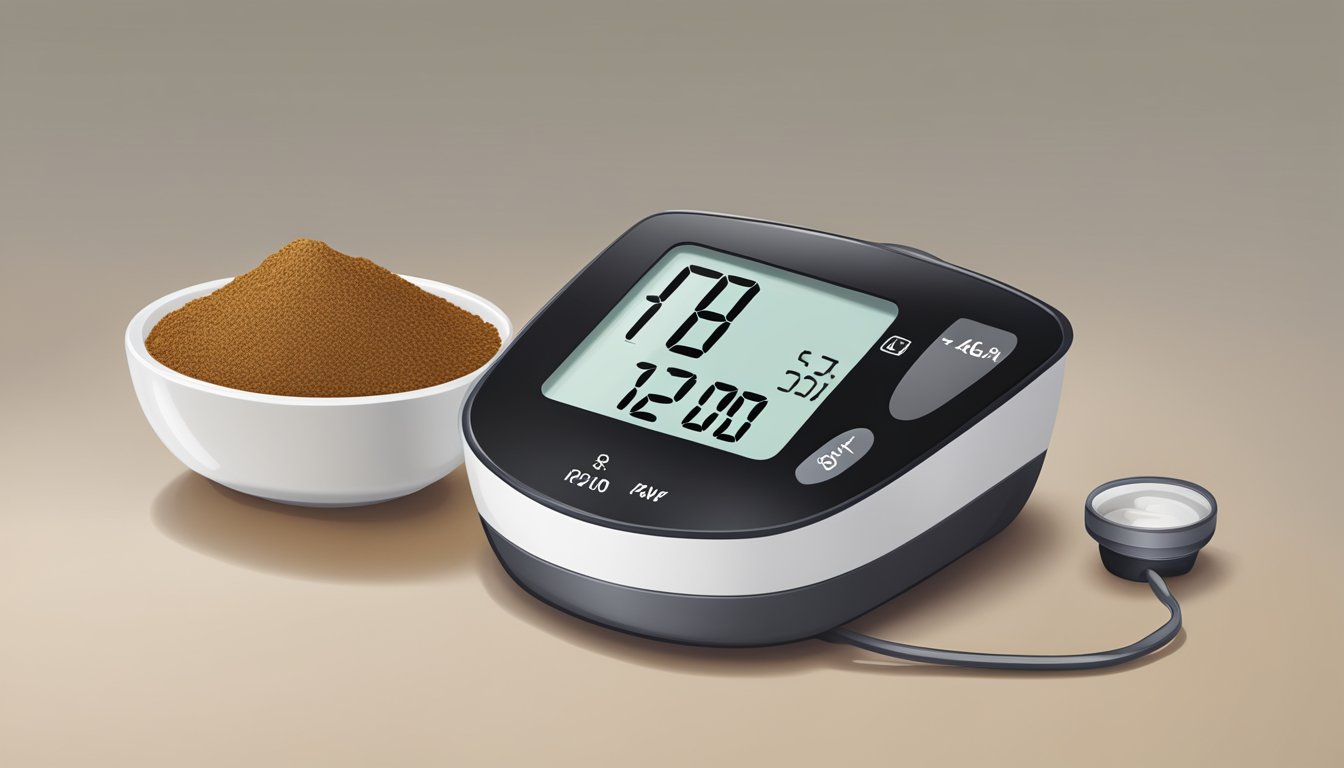 A bowl of date powder next to a blood sugar monitor