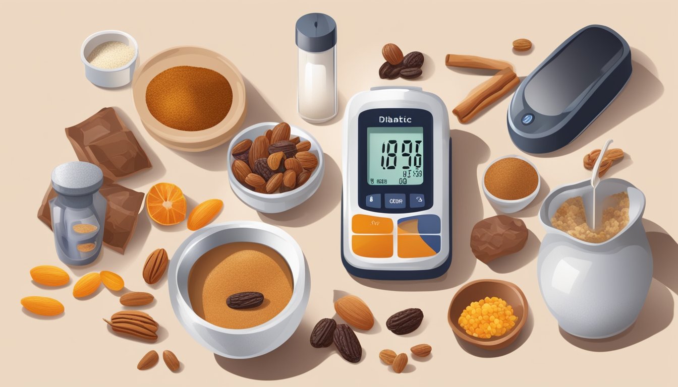 A diabetic person pours date powder into a bowl, surrounded by various dried fruits and a blood glucose monitor