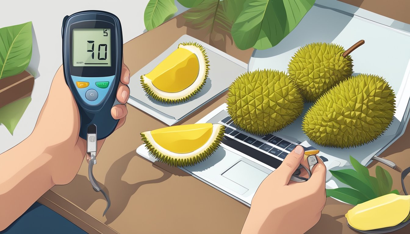 A diabetic person enjoying a slice of durian fruit while monitoring their blood sugar levels with a glucose meter nearby