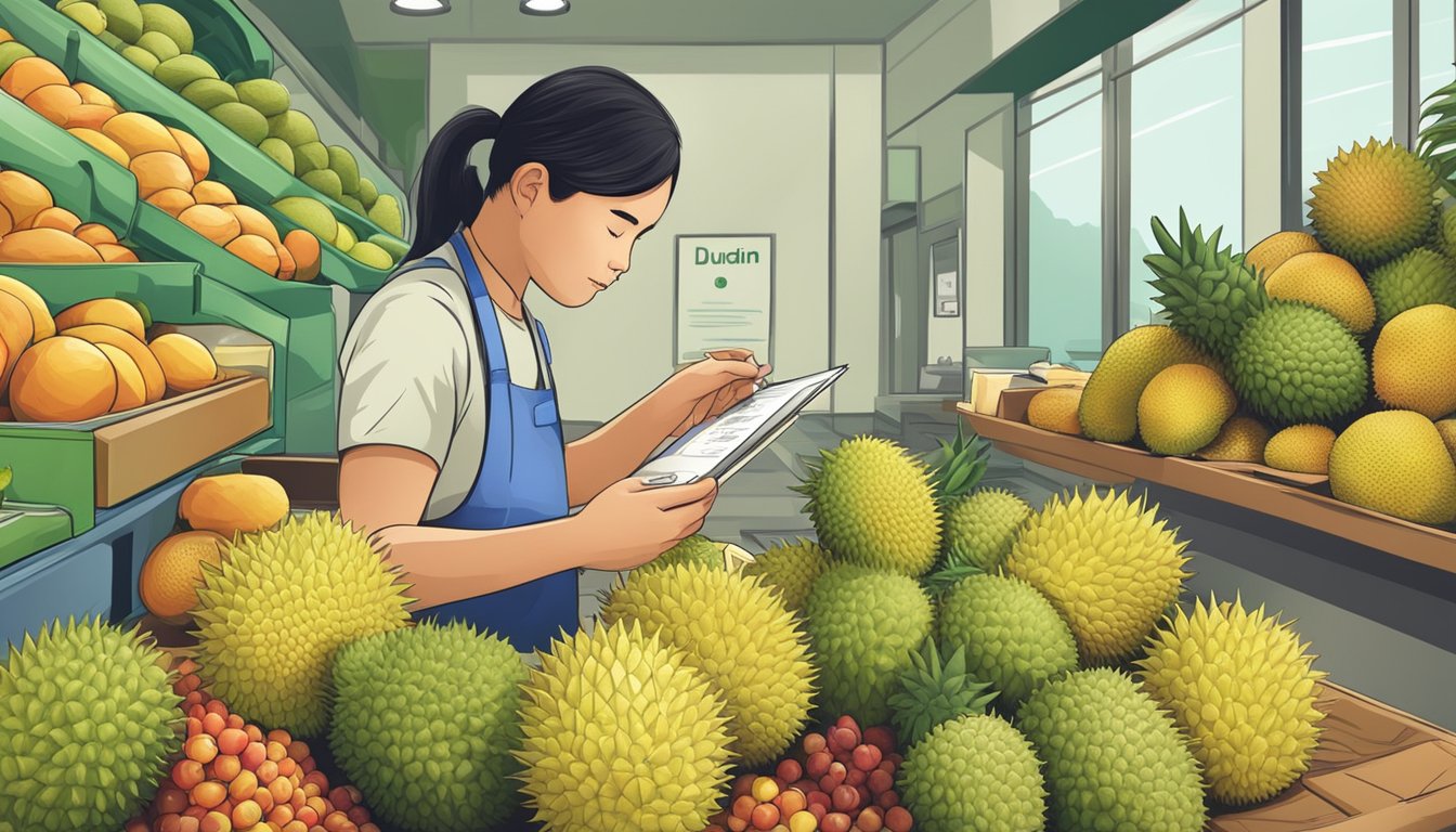 A diabetic person carefully selecting and inspecting various fruits, including durian, while reading a nutrition label