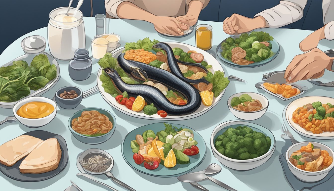 A diabetic person sitting at a dining table with a plate of eel, surrounded by various food items and a dietary guide