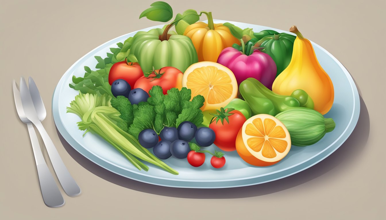 A plate with escolar and a medical symbol, surrounded by fruits and vegetables