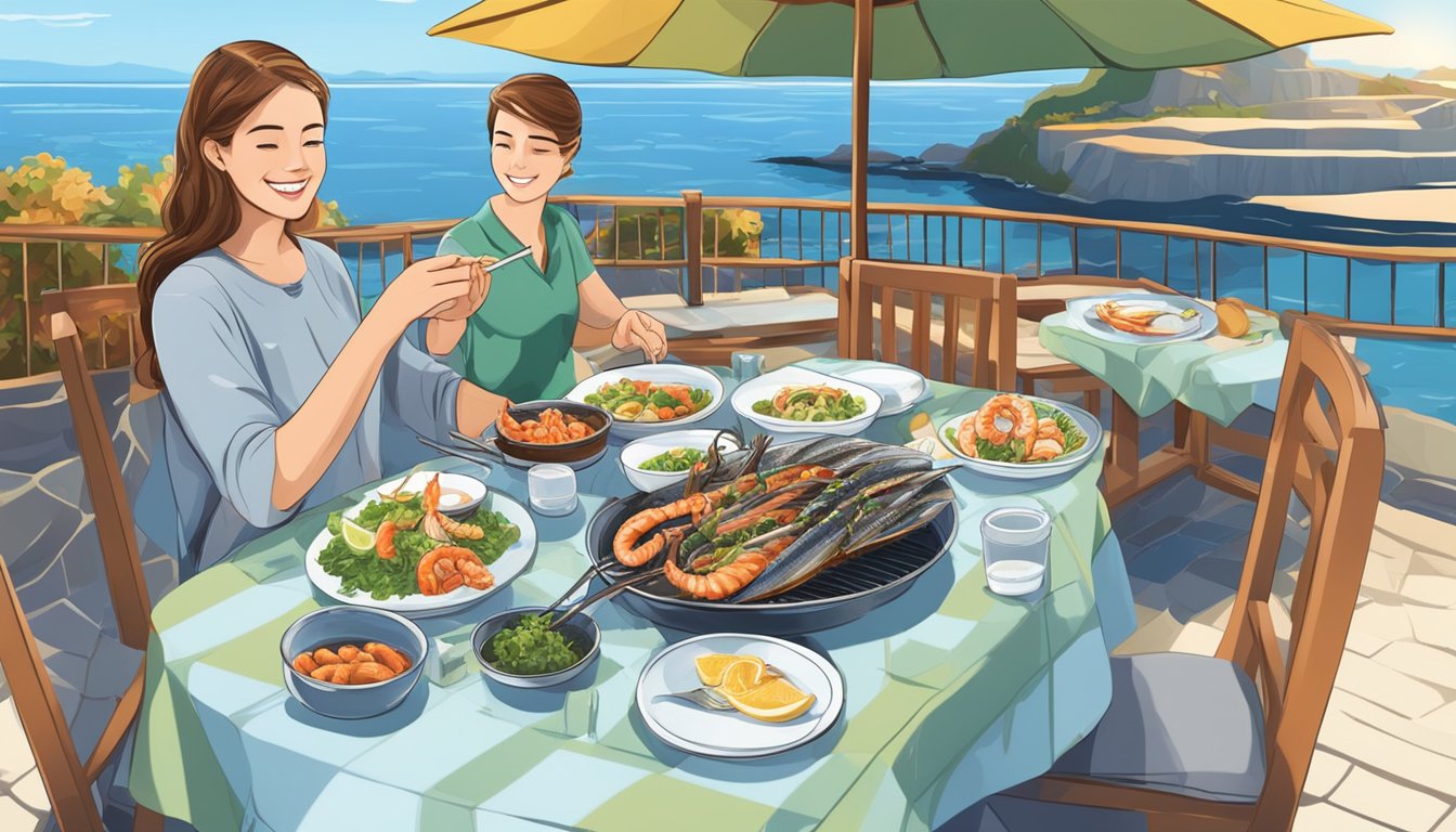 A diabetic person enjoying a meal of grilled eel and seafood at a well-lit dining table by the sea