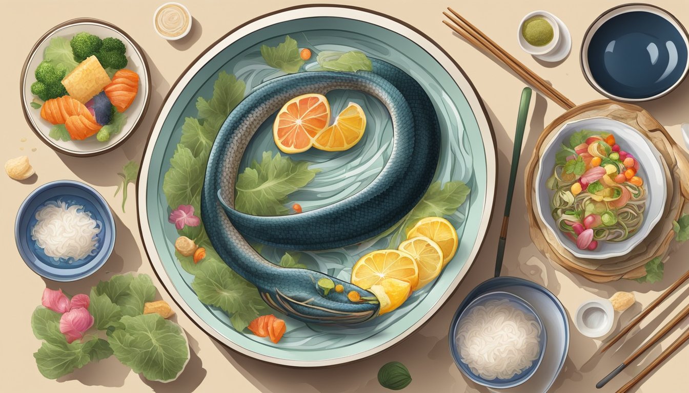 An eel swimming in a traditional Japanese dish, surrounded by colorful ingredients and cooking utensils