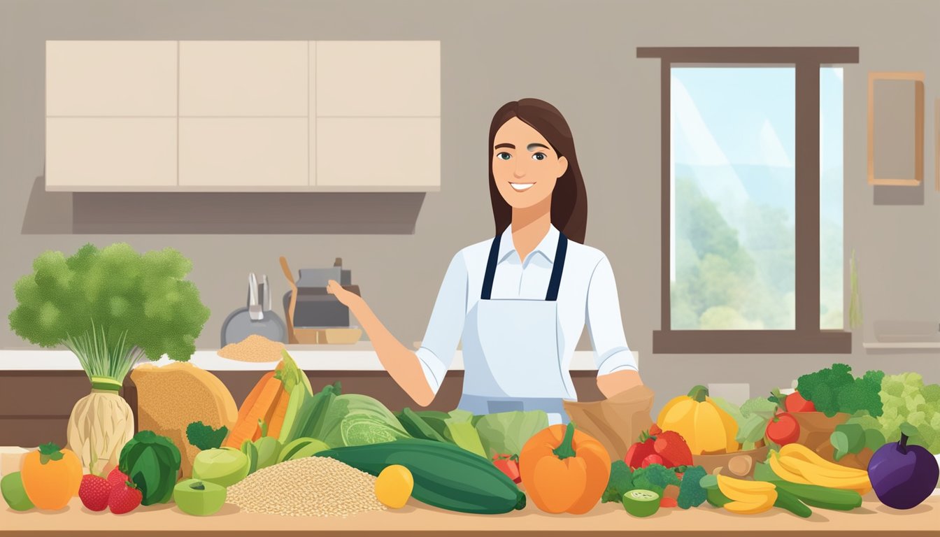 A dietician presenting a variety of whole grains, including emmer, on a table with colorful fruits and vegetables