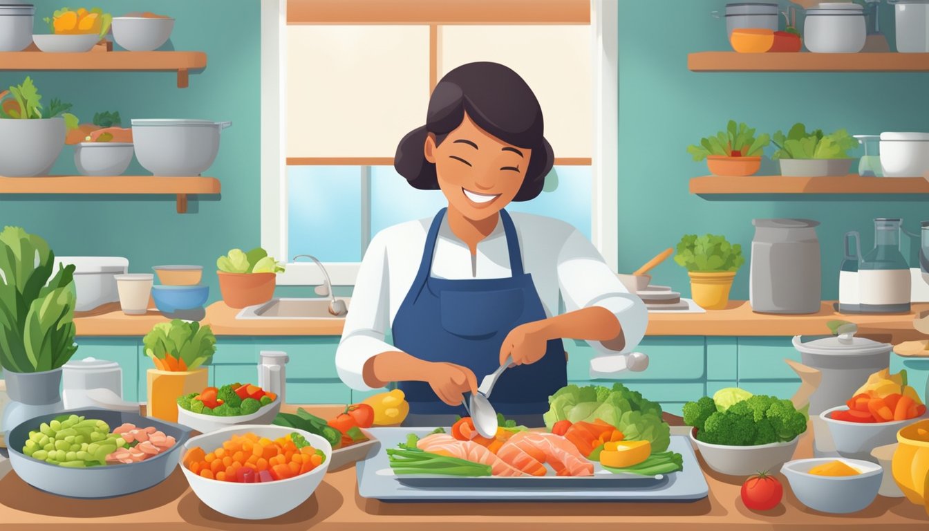 A diabetic person happily preparing a meal with escolar fish and a variety of colorful, fresh vegetables