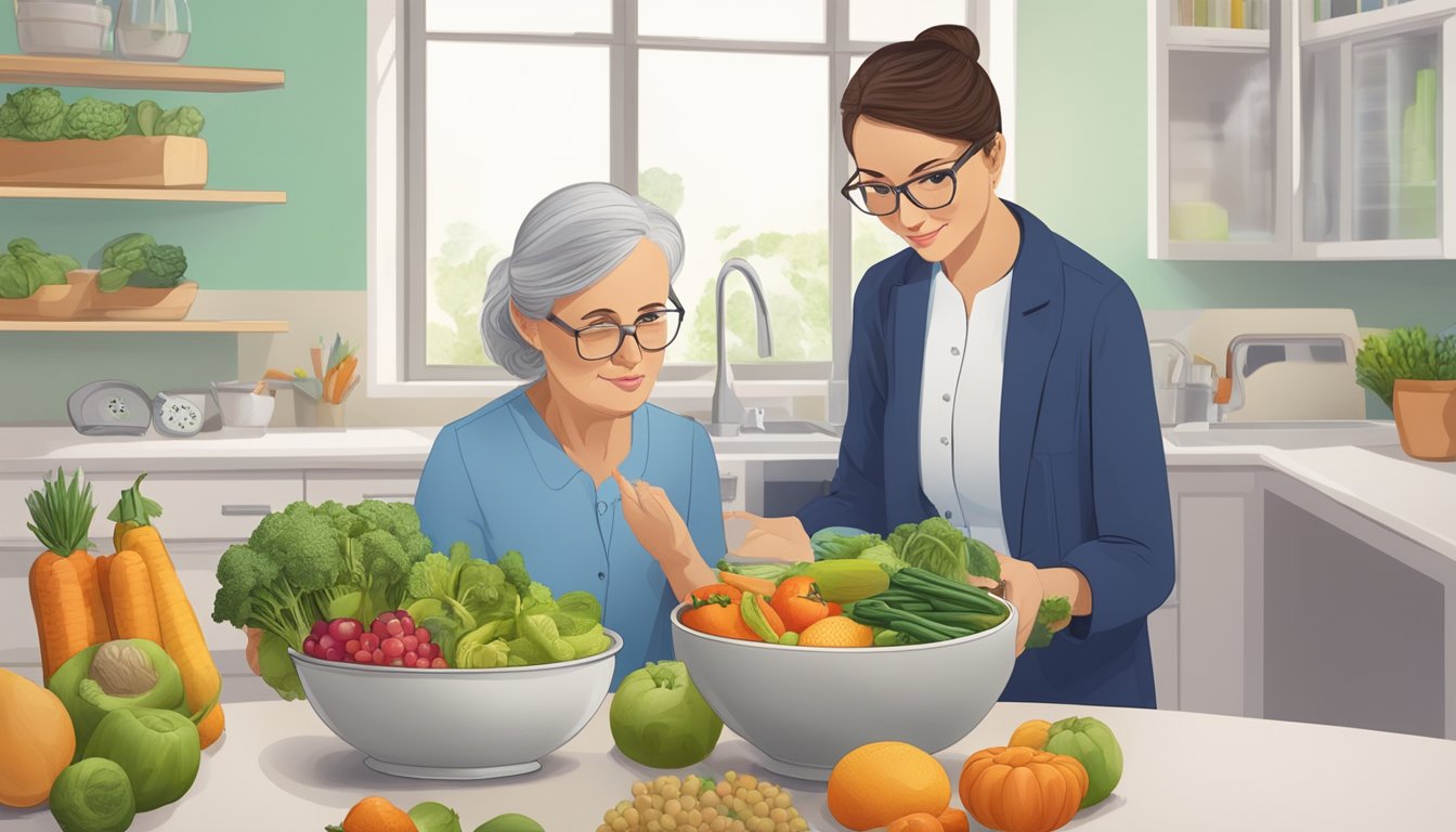 A dietician holding a bowl of cooked emmer, surrounded by various fruits and vegetables, with a diabetic patient listening attentively