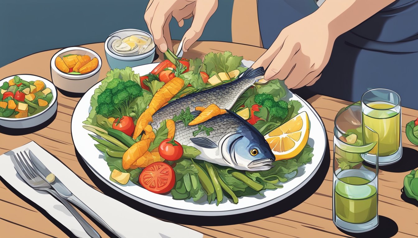 A diabetic person happily eating grilled fish with a variety of colorful vegetables on a plate