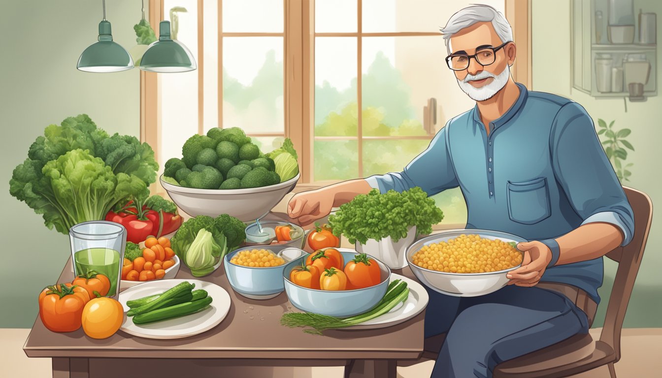 A diabetic person sitting at a table with a bowl of cooked emmer, surrounded by fresh vegetables and a glass of water