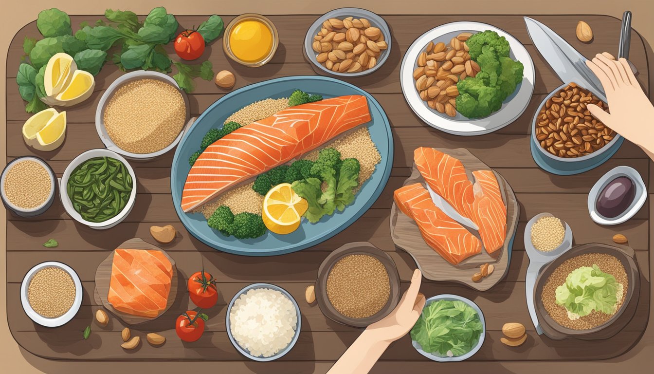 A table with various foods: quinoa, nuts, vegetables, and fish like salmon and mackerel. A diabetic person is reaching for a piece of escolar