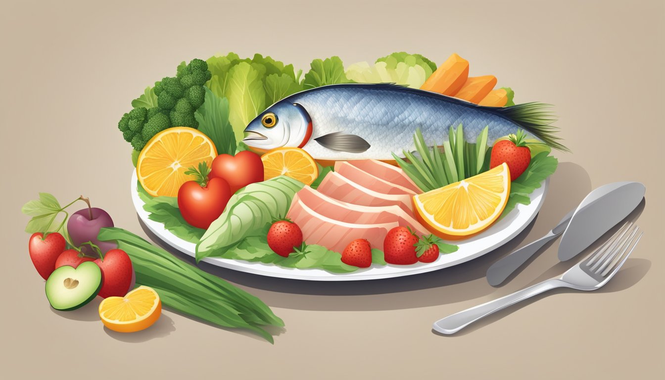 A plate with a variety of heart-healthy foods, including fish, vegetables, fruits, and whole grains, arranged in an appealing and appetizing manner