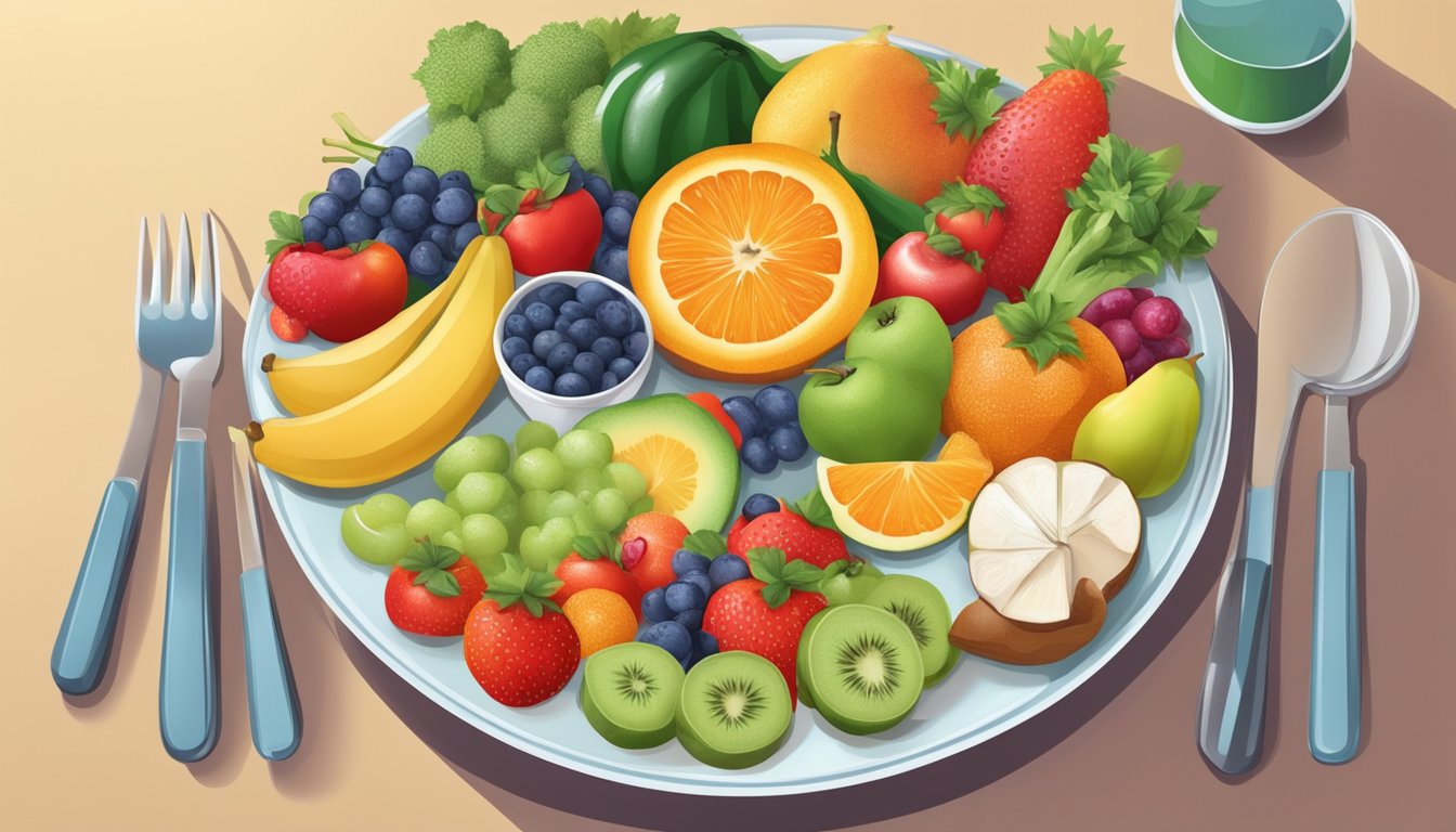 A diabetic person enjoying a meal with emmer grain and a variety of colorful fruits and vegetables on a plate