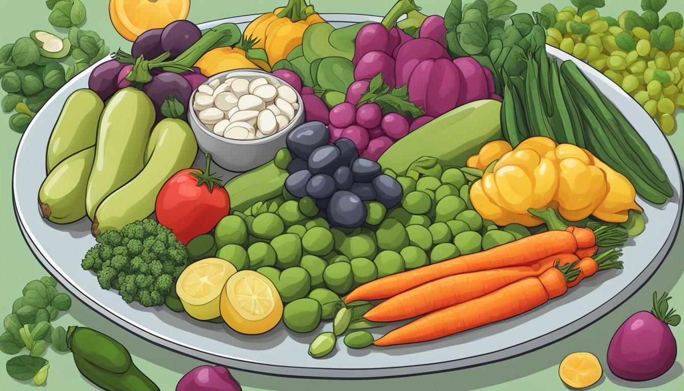 A colorful plate of fava beans, whole and shelled, surrounded by a variety of diabetic-friendly vegetables and fruits