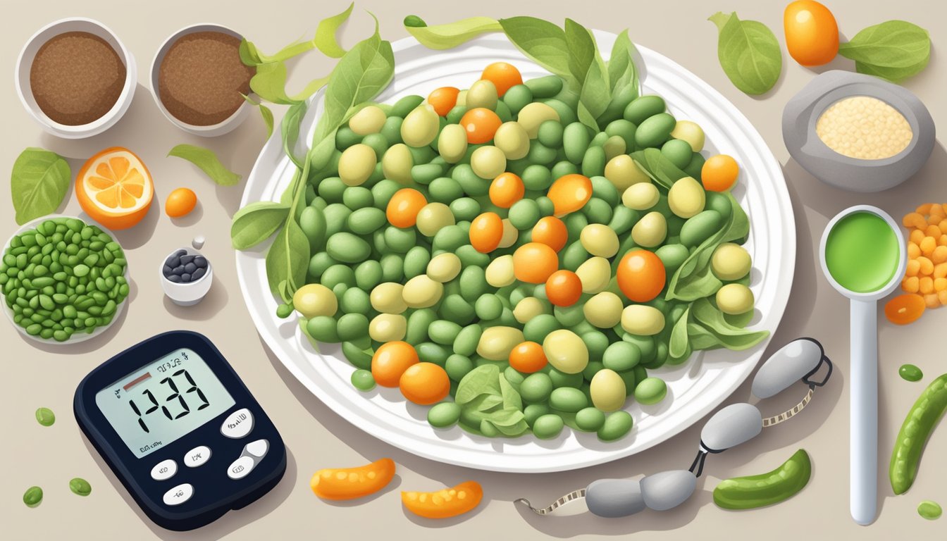 A plate of fava beans surrounded by a variety of diabetic-friendly foods, with a measuring tape and a blood sugar monitor nearby