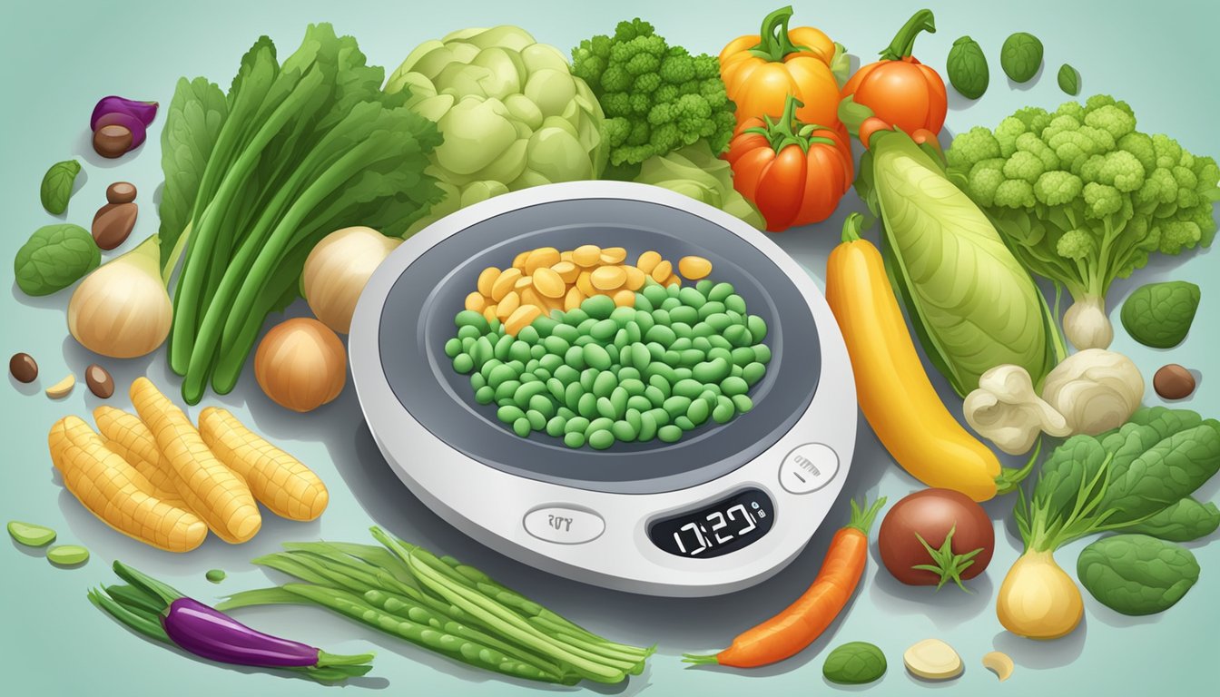 A plate of fava beans surrounded by a variety of colorful vegetables and a blood glucose monitor