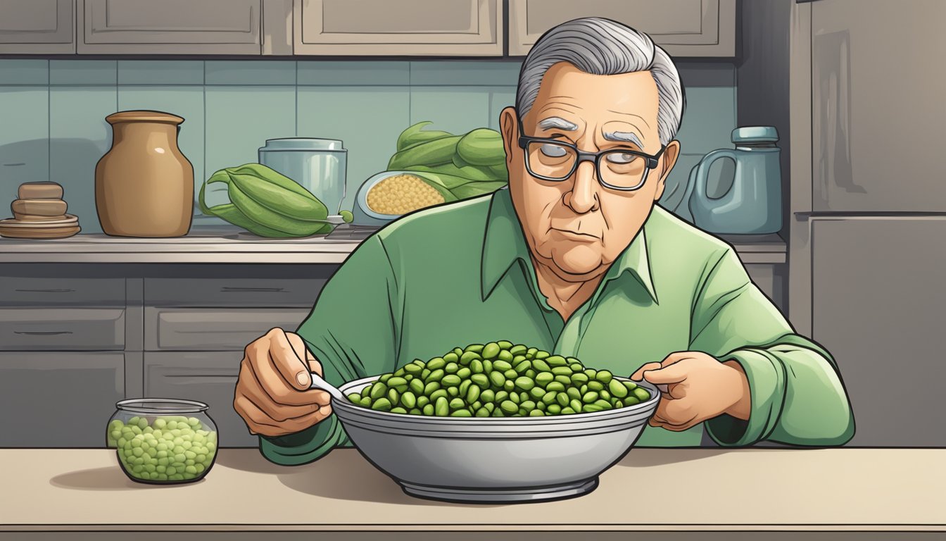 A diabetic examining a bowl of fava beans with a concerned expression