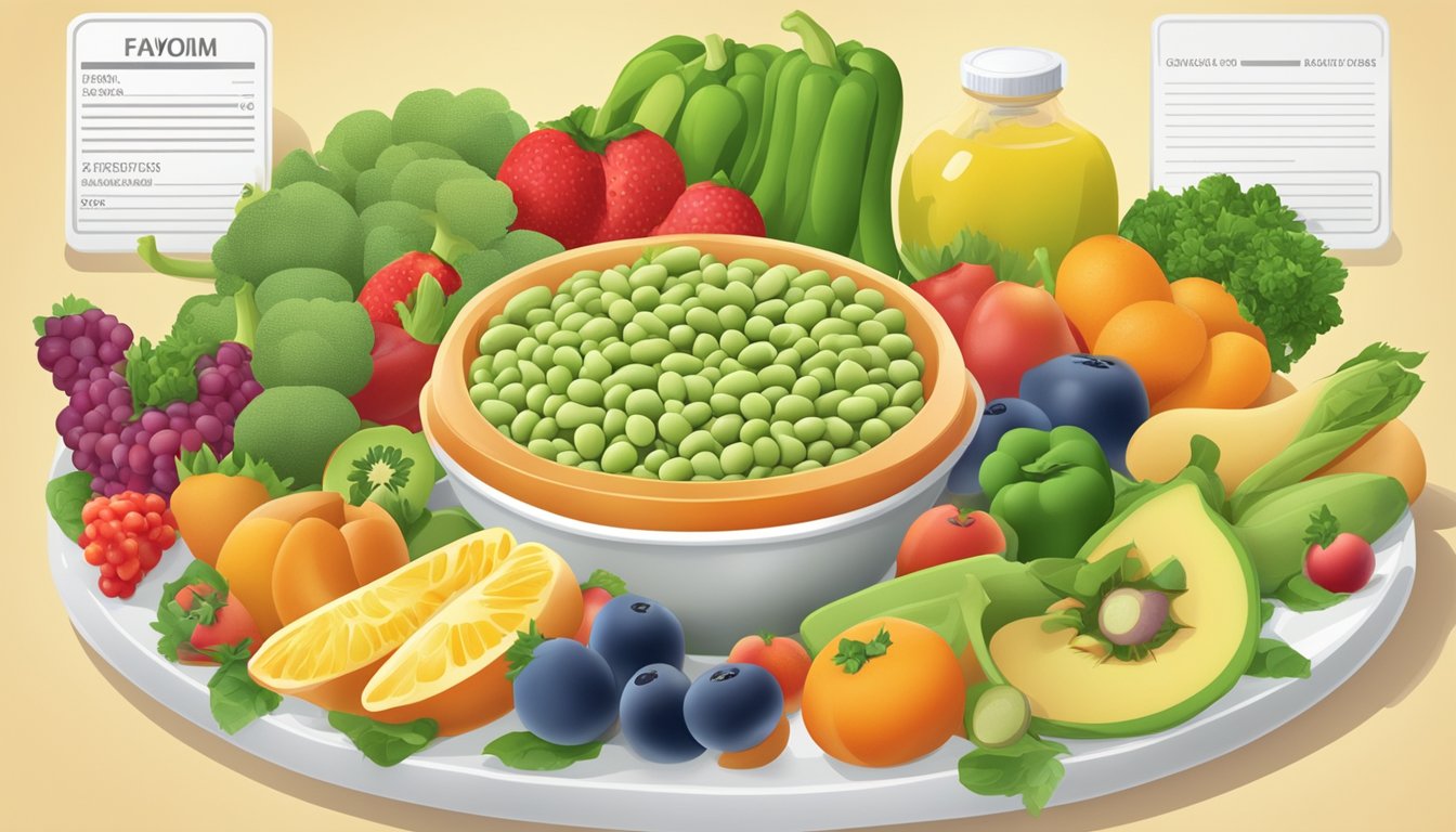 A plate of fava beans surrounded by a variety of colorful fruits and vegetables, with a nutrition label in the background