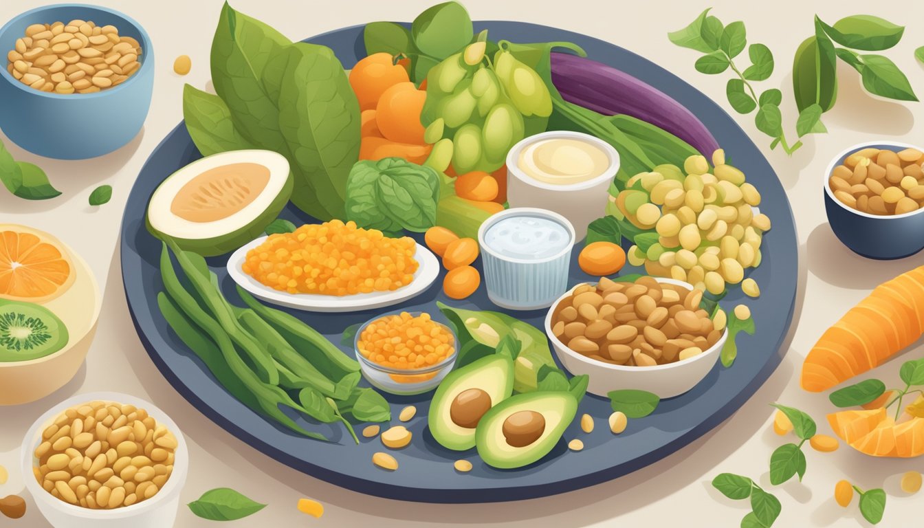 A colorful illustration of a plate filled with a variety of healthy foods, including faba beans, surrounded by informational graphics about diabetes and diet