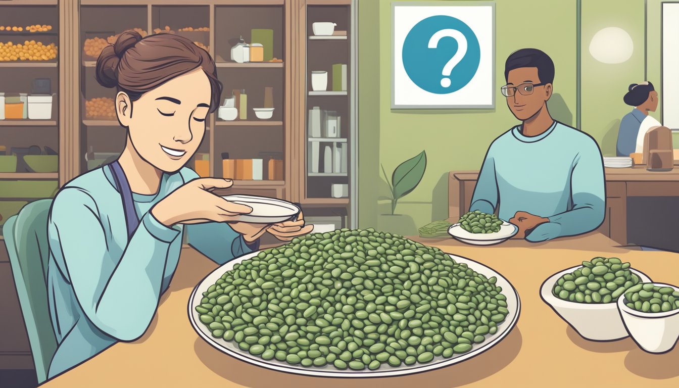 A person with diabetes holding a plate of faba beans, with a question mark hovering over their head. A nutrition label and a medical symbol are in the background